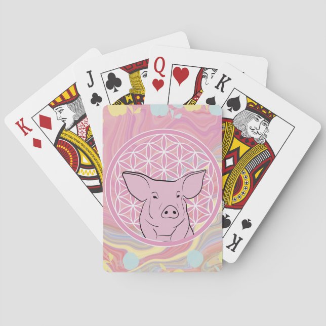 pig,flower of life, rose, mandala,zen,chakra, playing cards (Back)