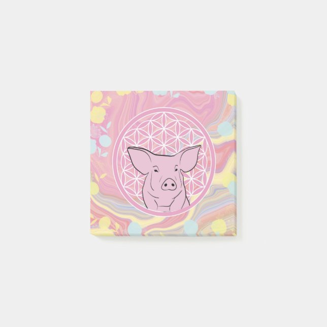 pig,flower of life, rose, mandala,zen,chakra, post-it notes (Front)