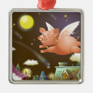 Pig flying in the sky metal tree decoration