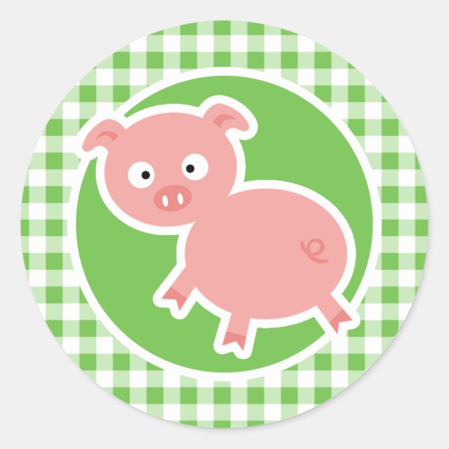 Pig; Green Gingham Classic Round Sticker (Front)