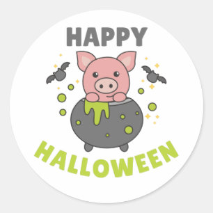 Pig Happy Halloween Cauldron Bat Classic Round Sti Sticker