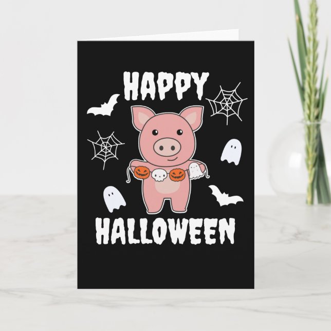 Pig Happy Halloween Pumpkin Bat Costume Holiday Card (Front)