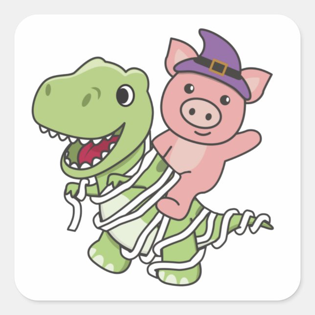 Pig Happy Halloween T-rex Mummy Costume Square Sticker (Front)