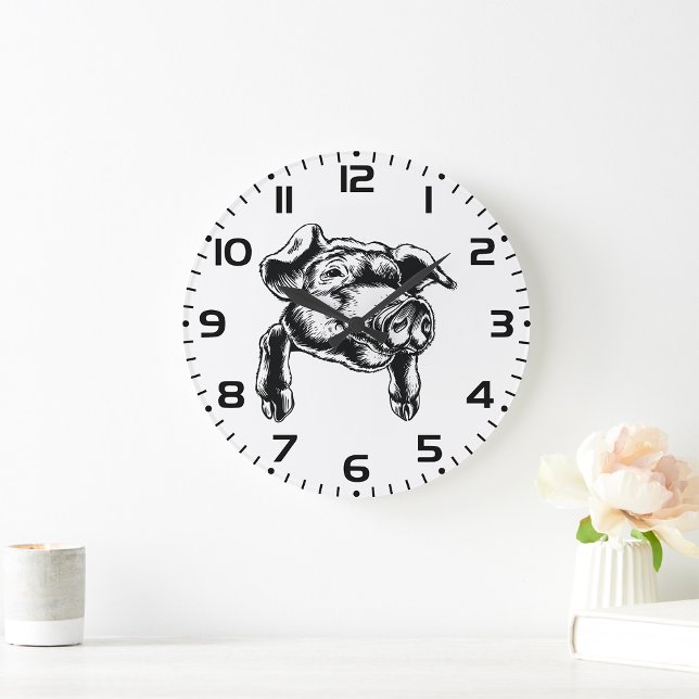 Pig Head Farm Animal Drawing in Black White Large Clock (Creator Uploaded)