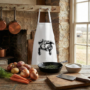 Pig Head Farm Animal Drawing in Black White Standard Apron