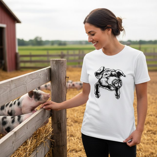 Pig Head Farm Animal Drawing in Black White T-Shirt (Creator Uploaded)