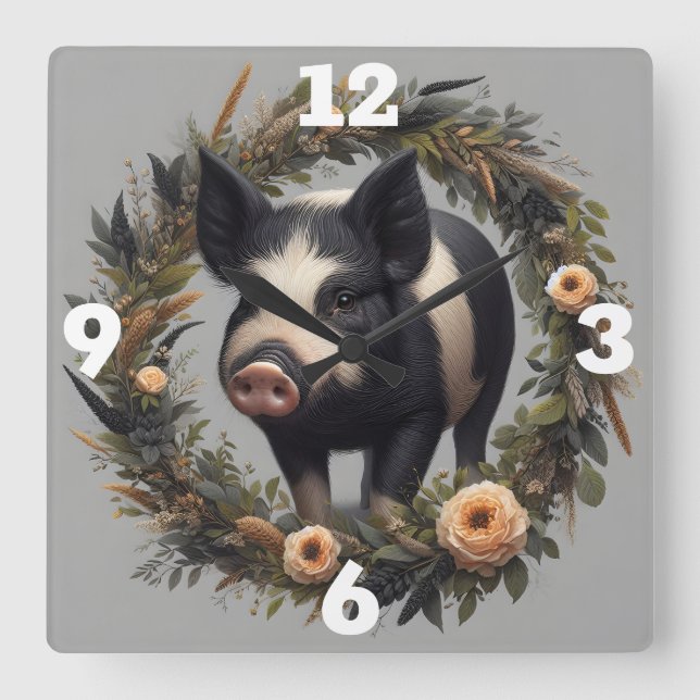 Pig in a Floral Wreath  Square Wall Clock (Front)