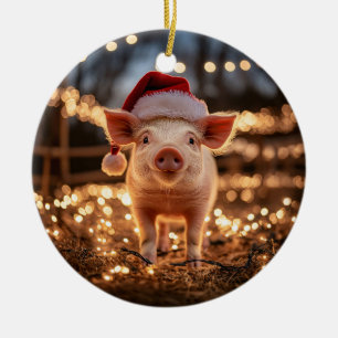 Pig in a Santa Hat Ceramic Ornament