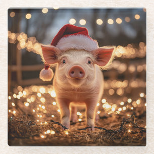 Pig in a Santa Hat Glass Coaster