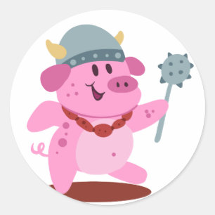Pig in costume of viking   choose background colou classic round sticker