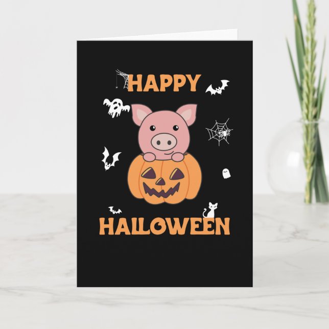 Pig In Pumpkin Sweet Pigs Happy Halloween Card (Front)