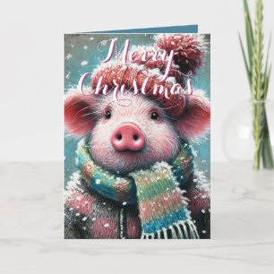 Pig in Scarf Snowflakes Personalised Christmas Card