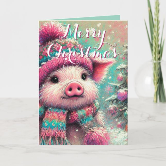 Pig in Scarf Snowflakes Personalised Christmas Card (Front)
