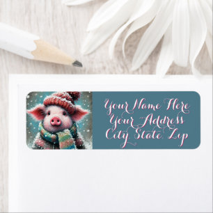 Pig in Scarf Snowflakes Personalised Christmas Return Address Label