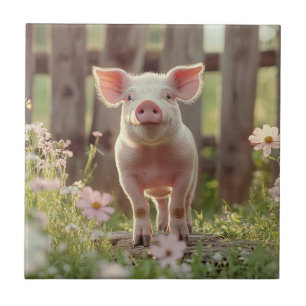 Pig In The Flower Garden Ceramic Tile