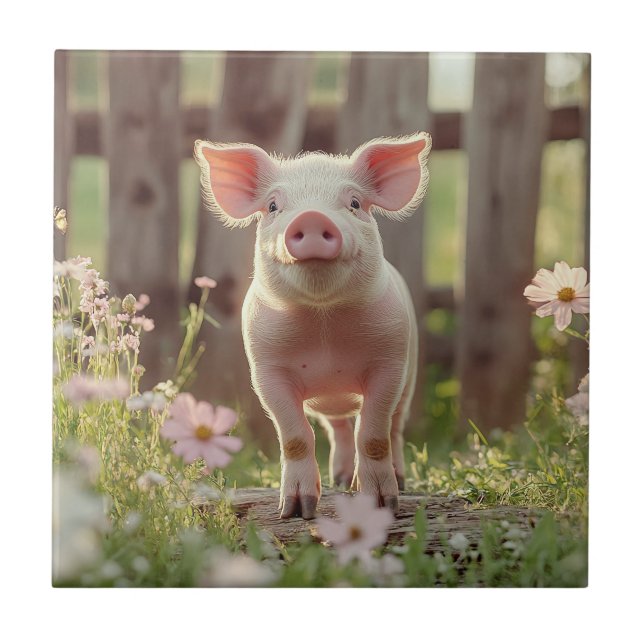 Pig In The Flower Garden Ceramic Tile (Front)