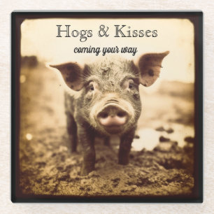 Pig in the Mud, hugs and kisses, customisable Glass Coaster