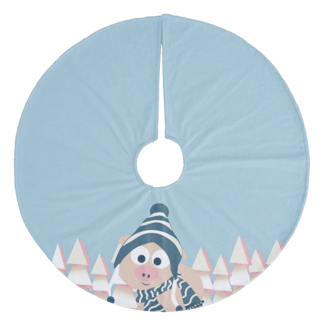 Pig in Winter Fleece Tree Skirt (Front)