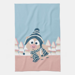 Pig in Winter Tea Towel