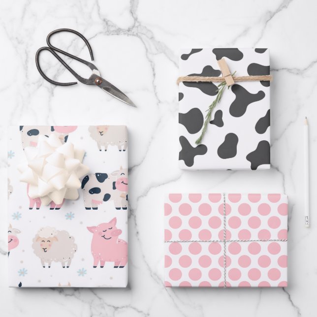 Pig Lamb Cow Farm Animals Wrapping Paper Set of 3 (Front)