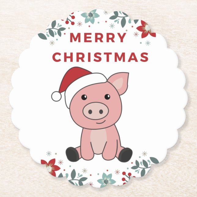 Pig Merry Christmas Animals Pigs Paper Coaster (Front)