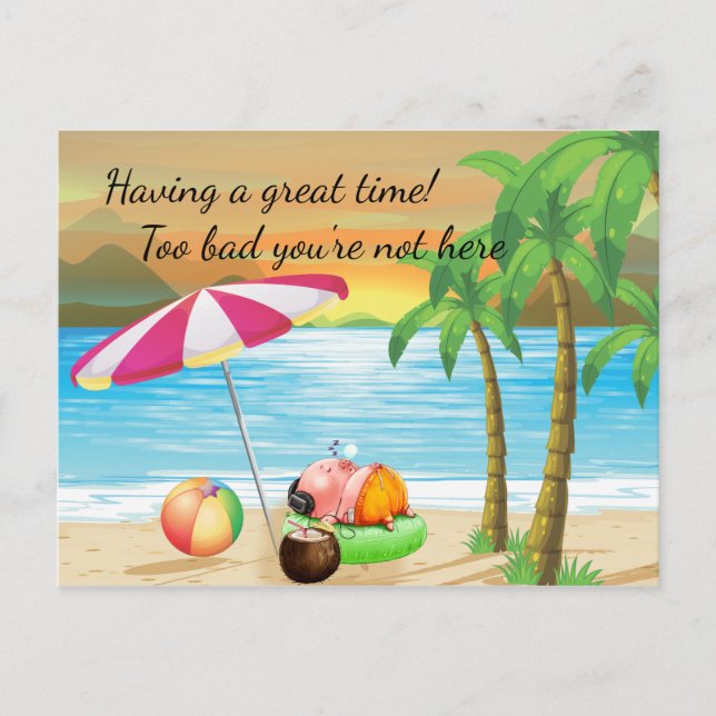 Pig on Vacation on a Tropical Beach Postcard (Front)