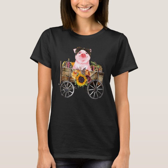 Pig On Wooden Wheelbarrow Leopard Pumpkin Sunflowe T-Shirt (Front)