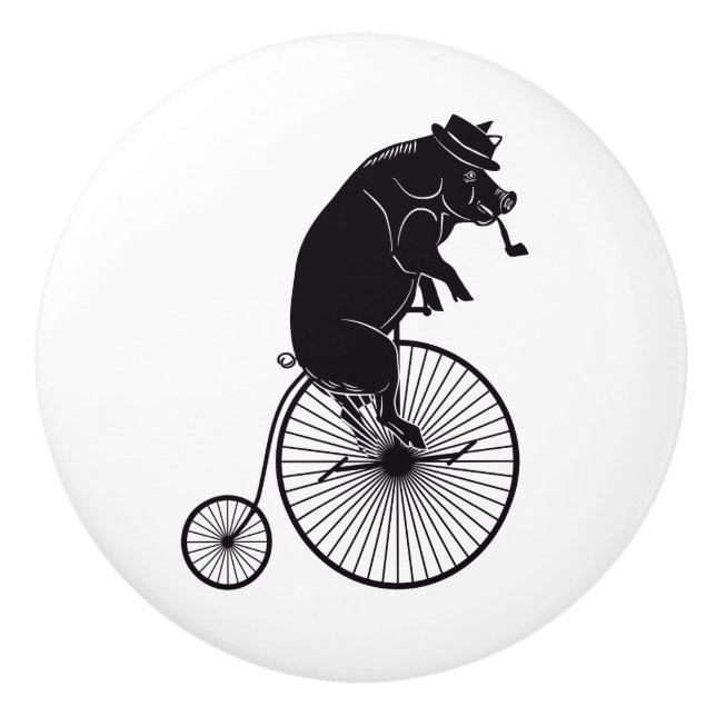 Pig or Hog Riding a Penny Farthing Bike Ceramic Knob (Front)
