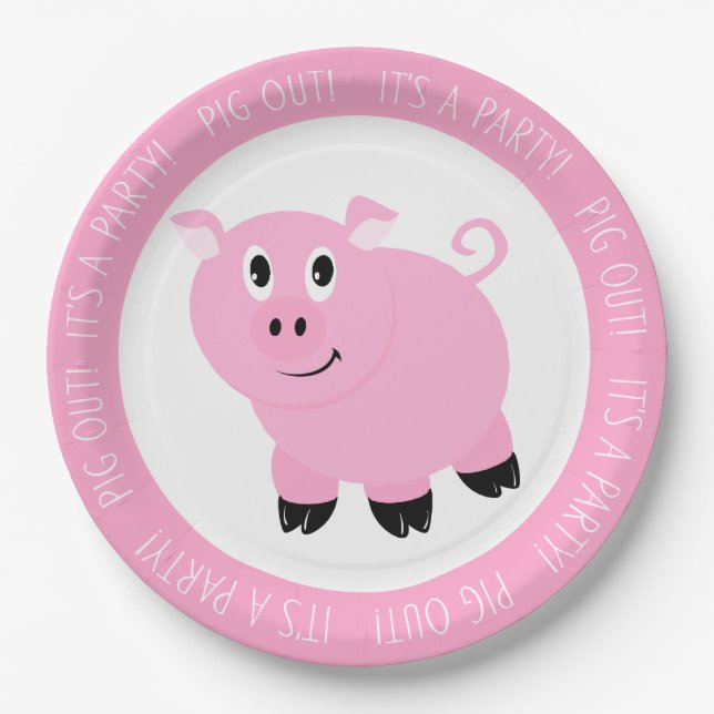 Pig Out It's A Party Cute Pink Pig Birthday Party Paper Plate (Front)