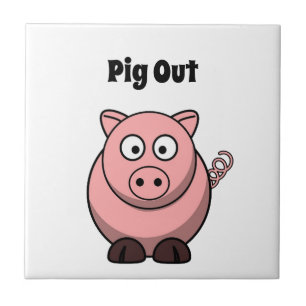 Pig Out Pink Pig Cartoon, Funny BBQ Hog Design Ceramic Tile