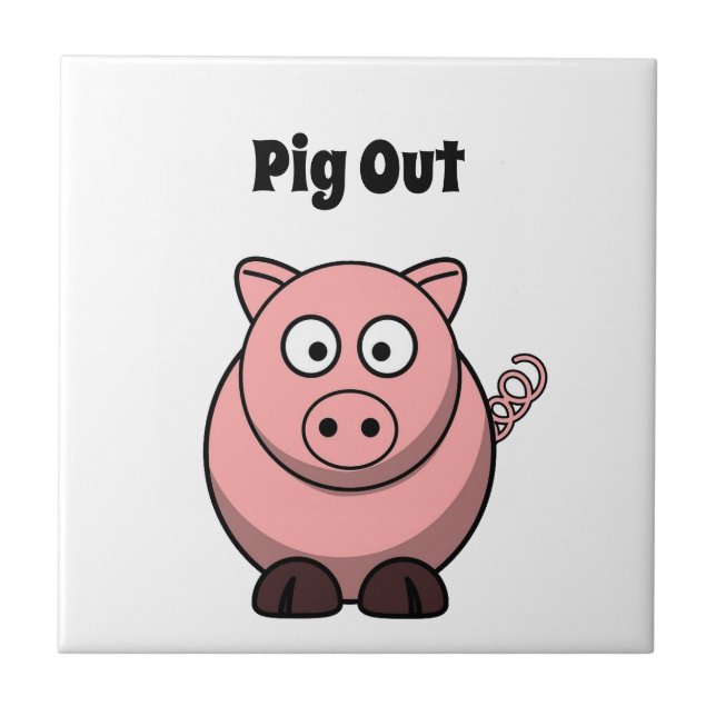 Pig Out Pink Pig Cartoon, Funny BBQ Hog Design Ceramic Tile (Front)
