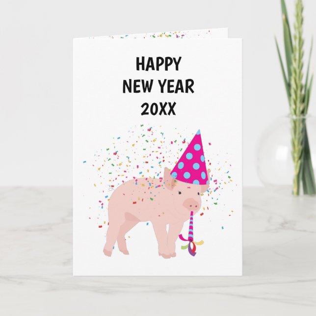 Pig Partying - Animals Holiday New Years Card (Front)