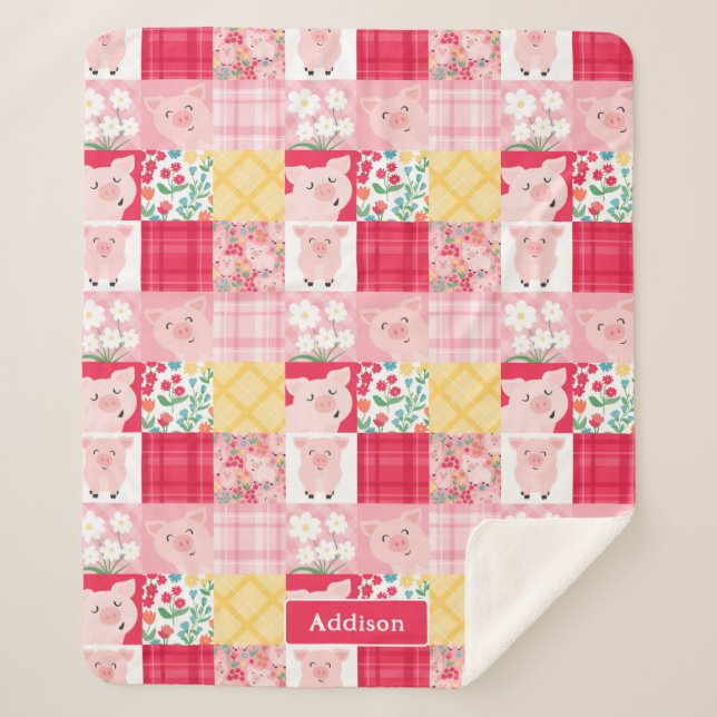 Pig Patchwork Floral Rustic Personalised Sherpa Blanket (Front)