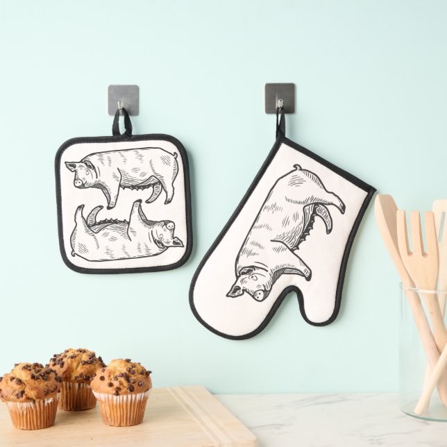 Pig pencil drawing oven mitt & pot holder set (Insitu(Hanging))