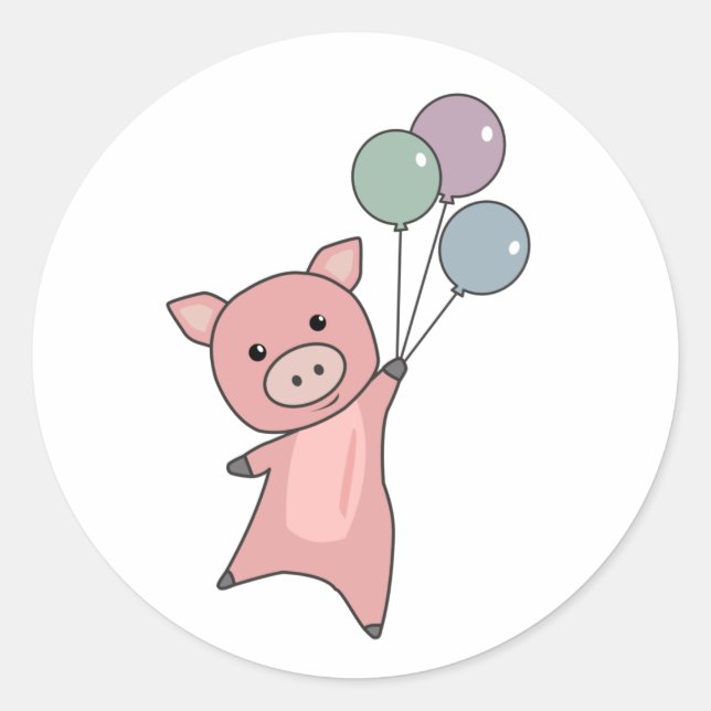 Pig Piglet Balloons Flies Cute Animals Classic Round Sticker (Front)