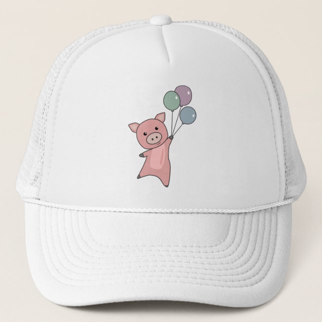 Pig Piglet Balloons Flies Cute Animals Trucker Hat (Front)