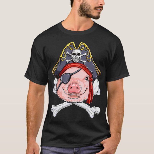 Pig Pirate Captain Jolly Roger Flag Skull and Cros T-Shirt (Front)