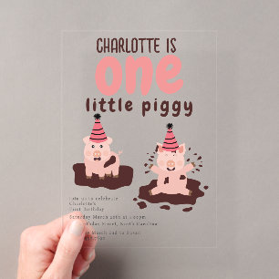 Pig Playing in Mud Little Piggy First 1st Birthday Acrylic Invitations