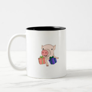 Pig Playing with Gift Boxes Two-Tone Coffee Mug