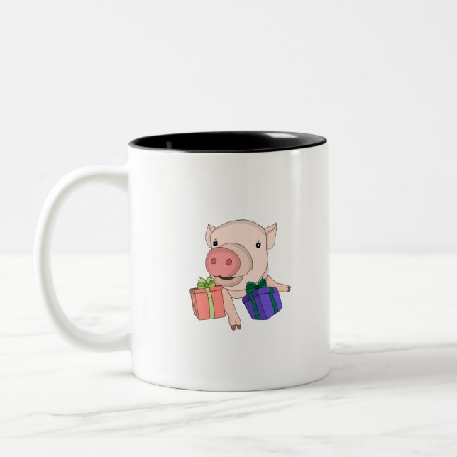 Pig Playing with Gift Boxes Two-Tone Coffee Mug (Left)