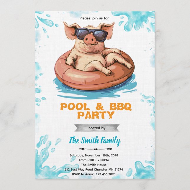 Pig Pool and bbq Party Invitation (Front)
