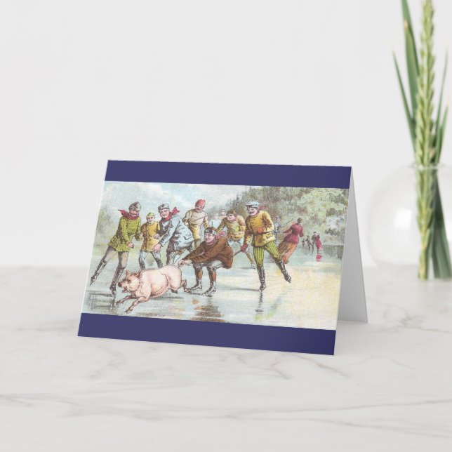 Pig Pulls Ice Skater Across Pond Card (Front)