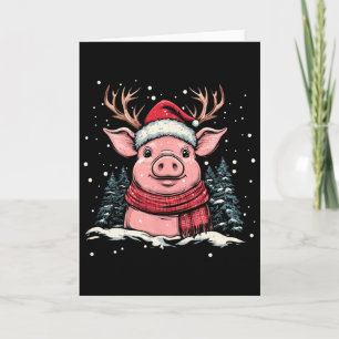 Pig Reindeer Santa Hat Christmas Xmas Card