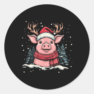 Pig Reindeer Santa Hat Christmas Xmas Classic Round Sticker