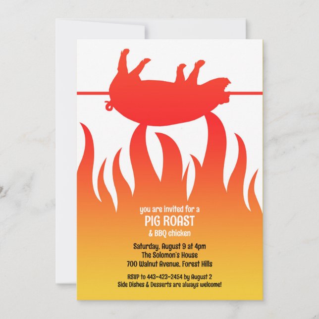 Pig Roast Flame BBQ Flat Invitation (Front)