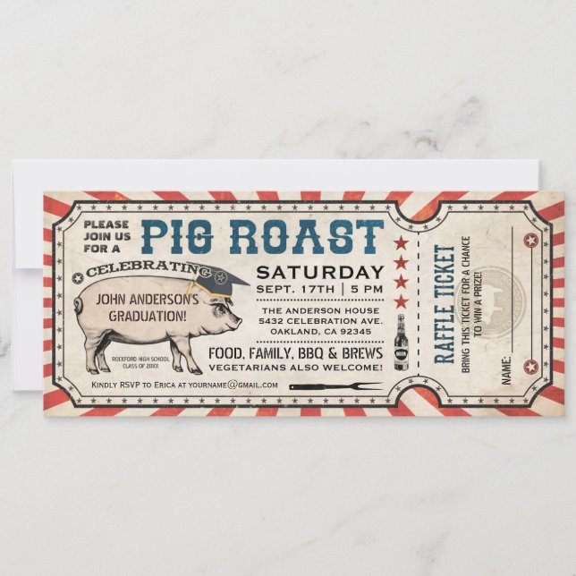 Pig Roast Graduation Invitations w/ Raffle Ticket (Front)