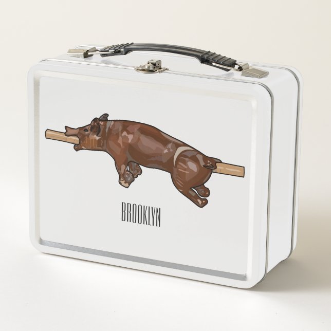 Pig roast / hog roast cartoon illustration metal lunch box (Front)