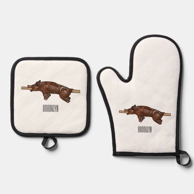 Pig roast / hog roast cartoon illustration oven mitt & pot holder set (Front)