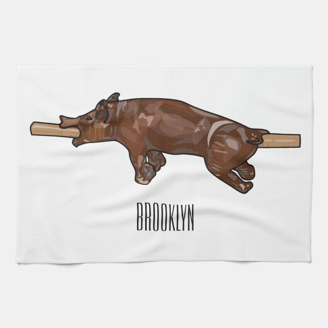 Pig roast / hog roast cartoon illustration tea towel (Horizontal)