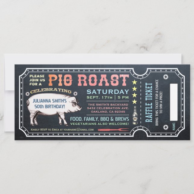 Pig Roast Ticket Invitations with Raffle Ticket v5 (Front)